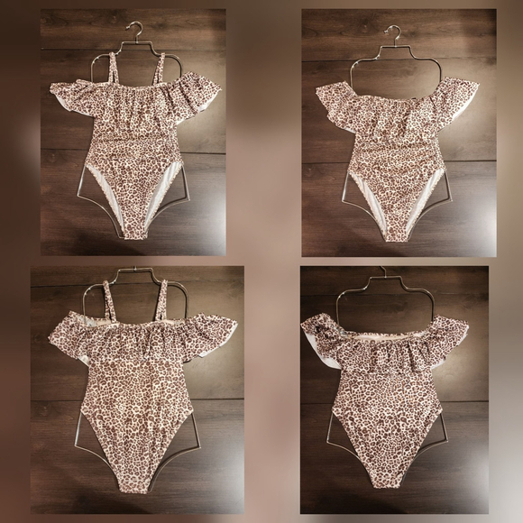 Tahari One piece Ruffle Strapless Swimsuit Bathing Suit LARGE Cheetah Leopard - Picture 6 of 13